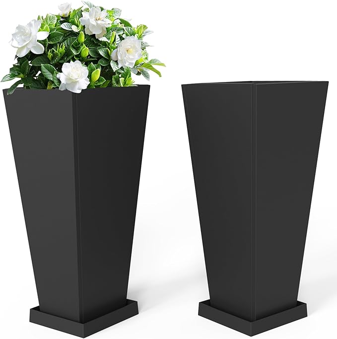 Metal Planter 30" H - 2 Pack, Tall Planters with Removable Insert Shelve & Saucer Trays, Metal Outdoor Planters for Porch, Garden, Patio, Yard (Black)