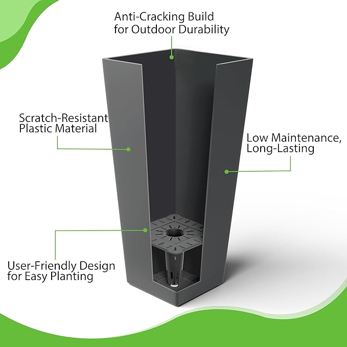 FENCY Set of 2 Tall Planters for Outdoor Plants, 24 Inch Large Tapered Pots with Drainage Trays, Weather-Resistant Plastic Plant Containers for Patio, Porch, Garden, Front Door Decor,Gray