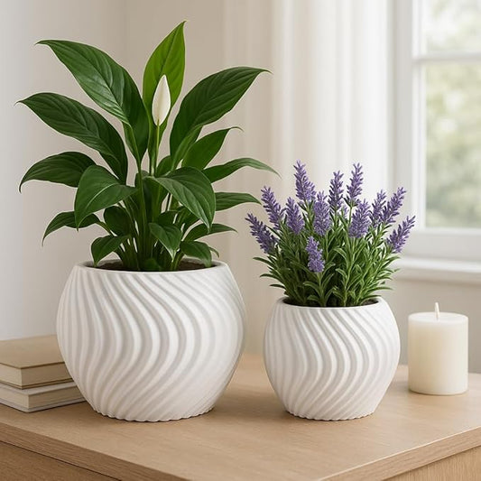 Flower Pots and Planters for Home Decor – Modern Swirl Plant Pots for Indoor and Outdoor Succulents, Orchids, or Herbs – Decorative Pots for Plants Ideal for Garden and Patio Set of 2 – 8", 6" White