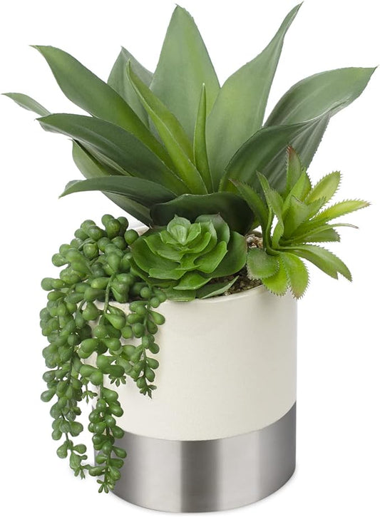 Large Artificial Succulents Plants Faux Succulents 12" Fake Succulent Plants in Sliver Ceramic Pot Succulent Plant for Desk Modern Home Living Room Office Table Shelf Decor
