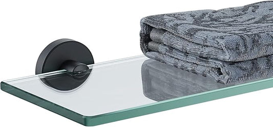 JQK Bathroom Glass Shelf Black, Tempered Glass Shower Storage 20 by 5 inches, 304 Stainless Steel Matte Black Wall Mount, TGS101L20-PB
