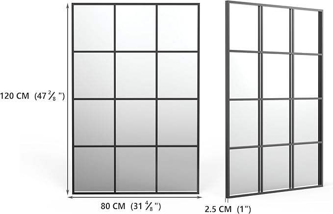47.2" x 31.5" Window Mirror Oversize, Decorative Wall Mirror, Mirror Window for Wall Decor, Grid Metal Wall Mirror for Living Room, Bedroom, Entryway Matte Black