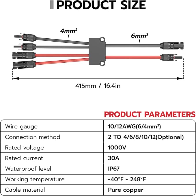 1 Pair Solar Connectors Y Branch, 2 to 4 Solar Parallel Connector for 2 Solar Panels,12AWG-10AWG Solar Wire Connectors Waterproof