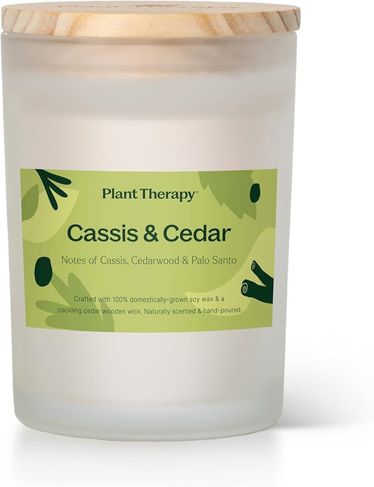 Plant Therapy Cassis & Cedar Fall Naturally Scented Candle 9 oz Sweet & Smoky Scent, Hand-Poured in Small Batches, Crackling Cedar Wooden Wick, 50 Hours of Burn Time