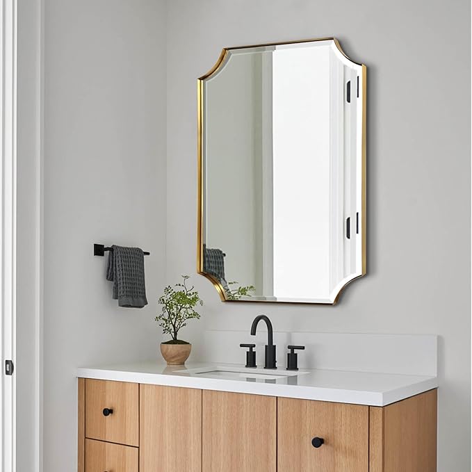 POZINO Beveled Vanity Mirror, 24"x36" Modern Bathroom Mirrors Over Sink, Rounded Rectangle Mirrors with Stainless Steel Frame, Brushed Brass Wall Mirrors for Bedroom Living Room Fireplace Entryway