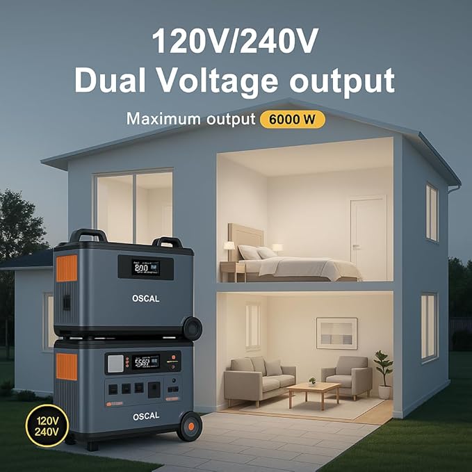 3600Wh/6000W Solar Power Station,OSCAL PowerMax 6000 Solar Generator, 120V/240V Split Phase Voltage AC Outlets (9000W Peak), 2400W Solar Charging,Emergency for Home,Battery Backup