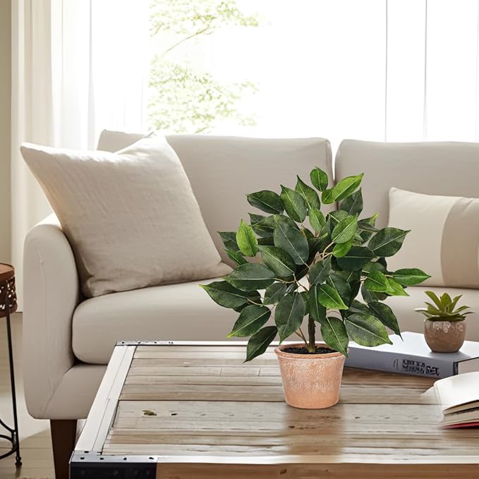 Fake Plant 13" Small Artificial Ficus Plant Faux Ficus Plants Banyan Tree with Rustic Terracotta Pot Silk Plants for Home Decor Indoor Office Living Room Bedroom Shelf Table Centerpieces