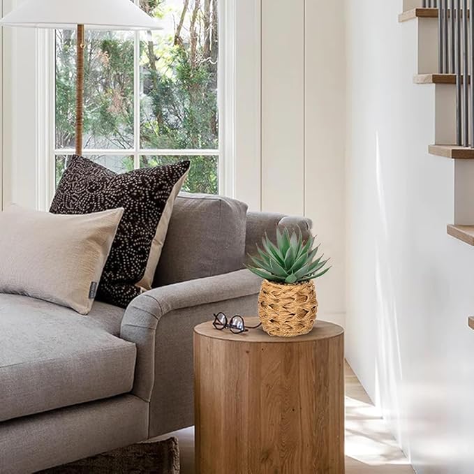 Briful Succulents Plants Artificial for Home Decor, Realistic Potted Fake Agave Plant in Wicker Basket, Cute Aloe Maguey Faux Plant, Shelf Tables Decor, Modern Farmhouse Home Decorations