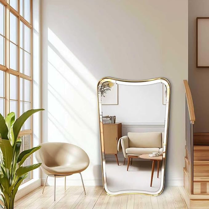 POZINO Brushed Irregular Rectangle Mirrors, 24"x40" Bathroom Vanity Mirror for Over Sink, Brass Unique Shape Decorative Mirrors, Gold Beveled Mirror for Living Room Bedroom Hallway Entryway Fireplace