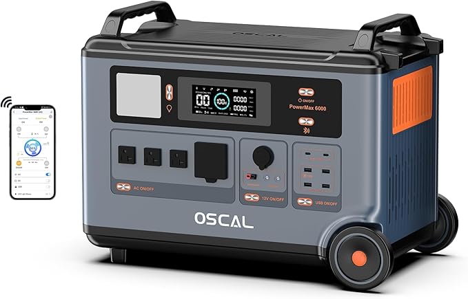 3600Wh/6000W Solar Power Station,OSCAL PowerMax 6000 Solar Generator, 120V/240V Split Phase Voltage AC Outlets (9000W Peak), 2400W Solar Charging,Emergency for Home,Battery Backup