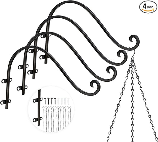 Plant Hangers Outdoor, 4 Pack 16 Inch Plant Hooks with 12 Chains for Wall Metal Plants Hanging Bracket for Bird Feeder, Flower Baskets, Wind Chimes, Lanterns, Indoor Outdoor, Black