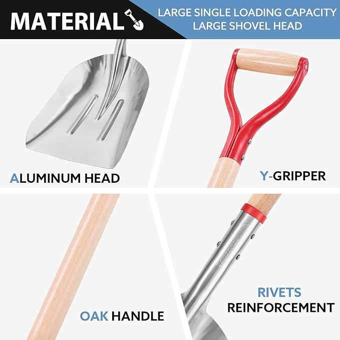 Aluminum Snow Scoop Shovel Wide Grain Shovels with Lightweight Large Capacity Head and Oak Wooden Handle