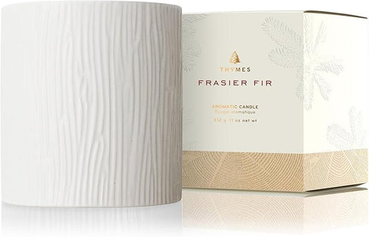 Thymes Frasier Fir Candle - Gilded Collection - Wood Grain Ceramic Design with 24-Karate Gold Rim - Mountain Fresh Fragrance - Elegant Winter Candle Scents - Gifts for Women & Men (Medium, 11 oz)