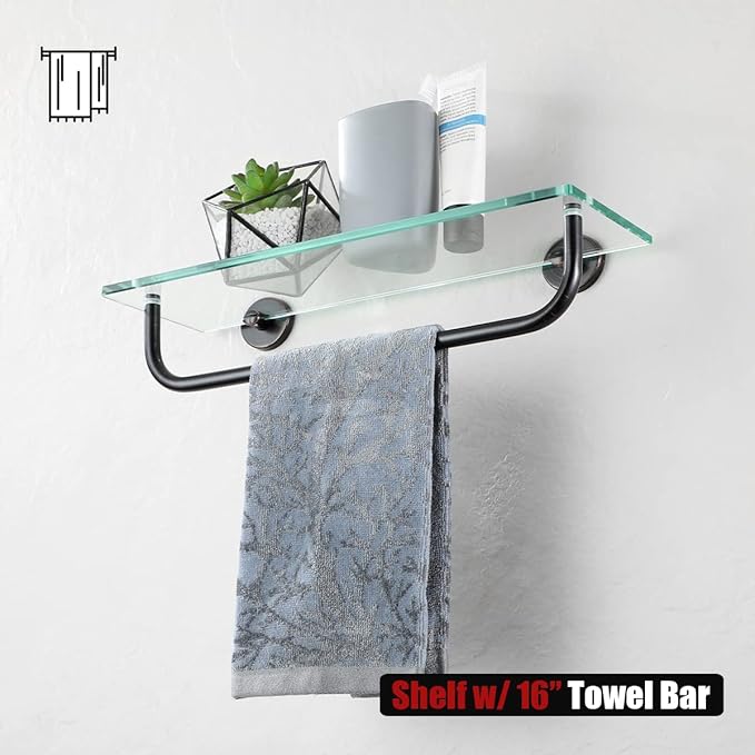 JQK Bathroom Glass Shelf Bronze, Shelf with 15 Inch Towel Bar Tempered Glass Shower Storage 16 by 5 inches, 304 Stainless Steel Oil Rubbed Bronze Wall Mount, TGS100-ORB