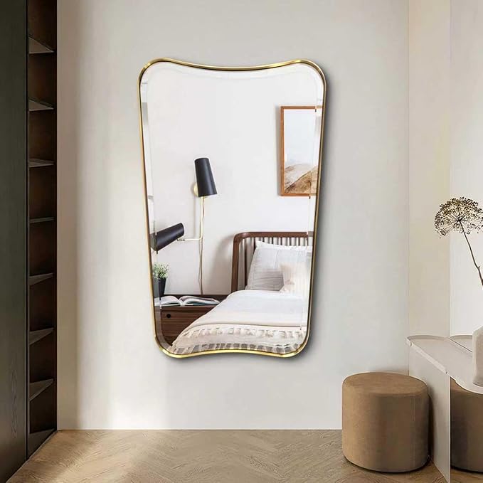 POZINO Brushed Irregular Rectangle Mirrors, 24"x40" Bathroom Vanity Mirror for Over Sink, Brass Unique Shape Decorative Mirrors, Gold Beveled Mirror for Living Room Bedroom Hallway Entryway Fireplace