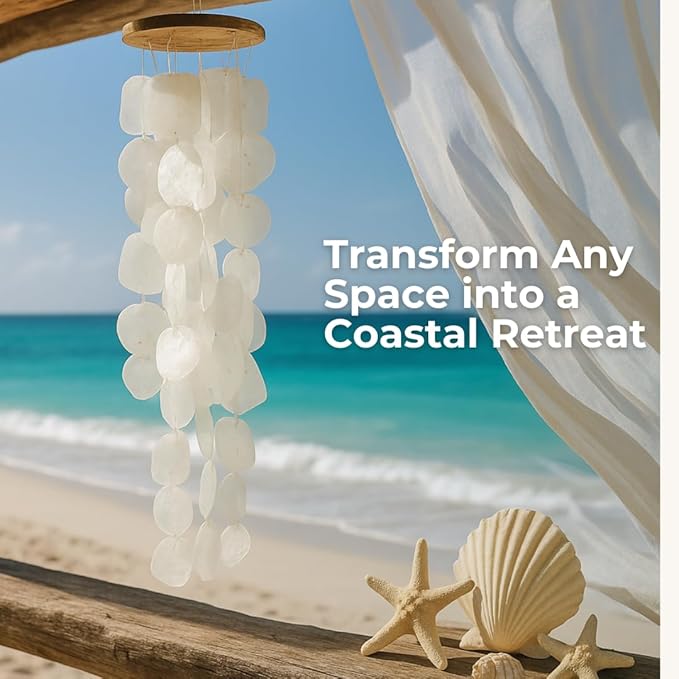 Solange & Frances Beach Decor Wind Chimes for Outside, Sea Glass Windchimes, Outdoor Coastal Beach Themed Gift for Mom, Gifts for A Beach Lover, Beach Home Decor, Sea Shell Chimes
