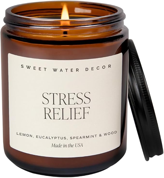 Sweet Water Decor Relief Soy Candle - Lemon, Orange, Eucalyptus and Soft Woods Scented Spa Candles for Home - 9oz Amber Jar + Black Lid, 40+ Hour Burn Time, Made in The USA