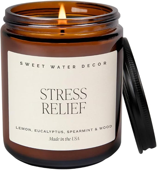 Sweet Water Decor Relief Soy Candle - Lemon, Orange, Eucalyptus and Soft Woods Scented Spa Candles for Home - 9oz Amber Jar + Black Lid, 40+ Hour Burn Time, Made in The USA