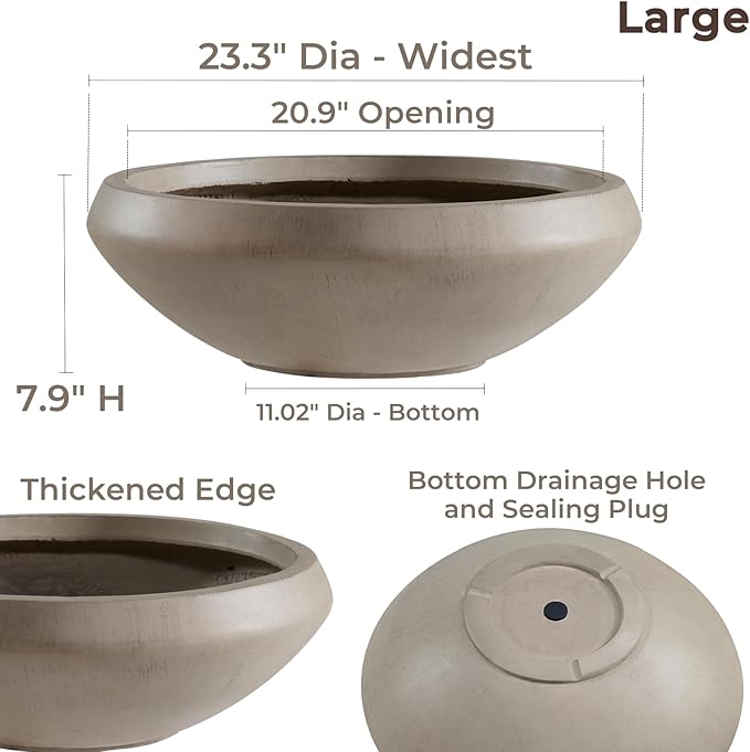 Bowl Planter 23.3" Dia x 7.9" H Succulent Pot with Drain Hole, 20.9" Opening Weathered Concrete Flowerpot for Indoor Outdoor Plants Herbs Bonsai, Round Planters for Home, Patio, Garden, Large-Natural