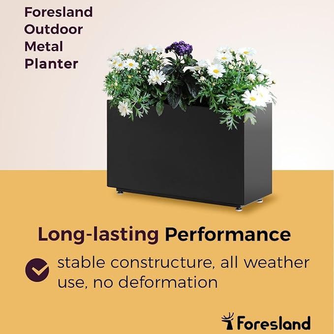 Outdoor Metal Planter Box 26Wx10Dx16H, Large Rectangular Trough Planters, Easy 5-Min Assembly, Modern Plant Container with Drainage Holes, Heavy Duty, Weather Resistant, Black