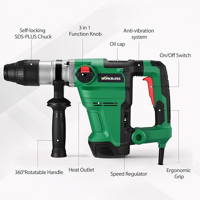 1-1/2 Inch SDS-MAX Heavy and Duty Rotary Hammer Drill, 13 Amp Corded Hammers Drill, 3 Functions, 6 Speeds, Safety Clutch, 2 Chisel, Hammers Drill for Concrete Demolition Chipping