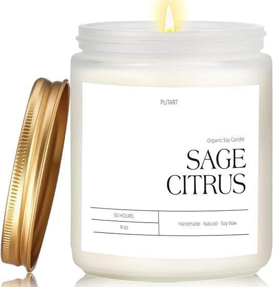 Sage Citrus Candles for Home Scented, 9oz Natural Soy Aromatherapy Non Toxic Candles with Long Lasting Fragrance & Clean Burn, Luxury Jar Candle Gift for Women, Men, Home Decoration, White