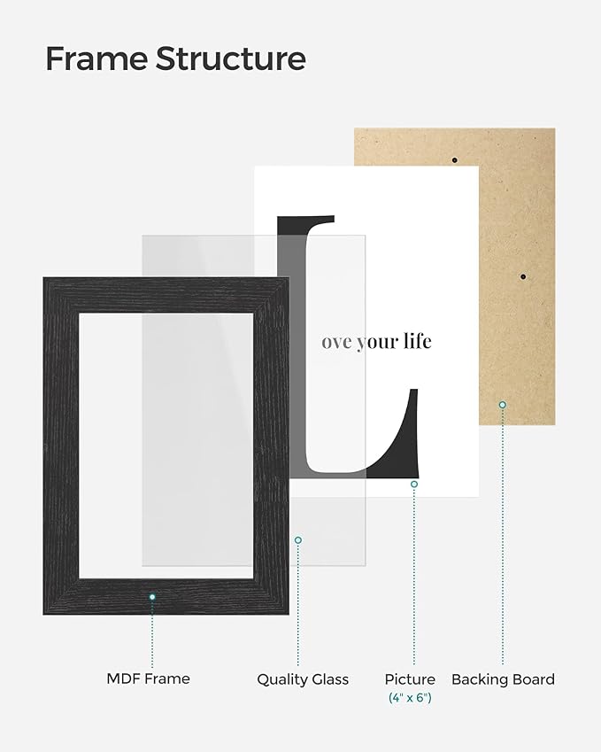 SONGMICS 4x6 Collage Picture Frames, Family Photo Collage Frame Set of 4 for Wall Decor, Glass Front, Wall Hanging or Tabletop, Ink Black URPF25BK