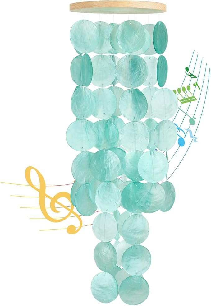 Wind Chimes for Outside - Handcrafted Turquoise Capiz Shells Windchime Coastal Style Decor for Indoor/Outdoors, Garden Decor, Great for Women, Wind Chimes Lovers and More