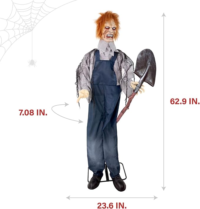 Haunted Hill Farm Lifesize Animatronic Talking Grave Digger with Shovel with Touch Activated Lights and Sound, Battery-Operated Indoor or Covered Outdoor Halloween Decoration