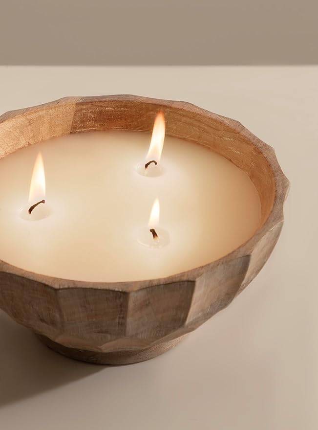 Kate and Laurel Plete Round Pleated Wood Candle Bowl, 8 Inch Diameter, Light Natural, Modern Scalloped Three-Wick Unscented Candle with Decorative Bowl for Living Room Decor