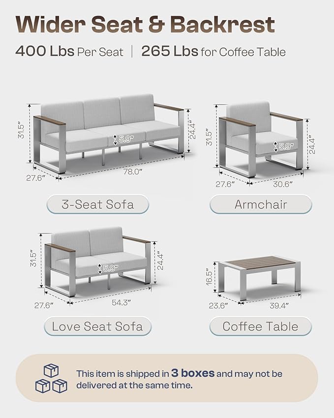 Outdoor Furniture Set, 4 Piece Aluminum Patio Furniture Set with Coffee Table, Wide Seat and Thick Cushions, Outdoor Patio Conversation Sets for Deck, Porch (LightGray)