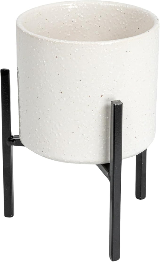 Bloomingville Small White Stoneware Flower Pot with Black Metal Stand (Set of 2 Pieces)