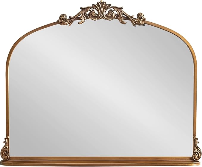 Kate and Laurel Arendahl Traditional Vintage Arch Mirror with Shelf; 33 x 26; Gold; Baroque Antique Arched Wall Mirror with Functional Shelf for Use as Vanity Bathroom Mirror or Cute Nursery Mirror