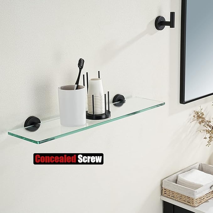 JQK Bathroom Glass Shelf Black, Tempered Glass Shower Storage 24 by 5 inches, 304 Stainless Steel Matte Black Wall Mount, TGS101L24-PB