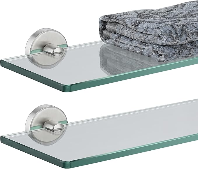 JQK Bathroom Glass Shelf Brushed Steel, Tempered Glass Shower Storage 16 by 5 inches, 304 Stainless Steel Brushed Wall Mount 2 Pack, TGS101L16-BN-P2