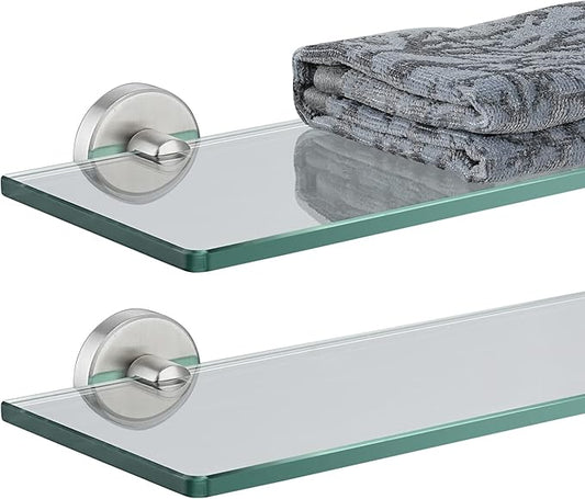 JQK Bathroom Glass Shelf Brushed Steel, Tempered Glass Shower Storage 16 by 5 inches, 304 Stainless Steel Brushed Wall Mount 2 Pack, TGS101L16-BN-P2