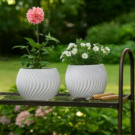 Flower Pots and Planters for Home Decor – Modern Swirl Plant Pots for Indoor and Outdoor Succulents, Orchids, or Herbs – Decorative Pots for Plants Ideal for Garden and Patio Set of 2 – 8", 6" White
