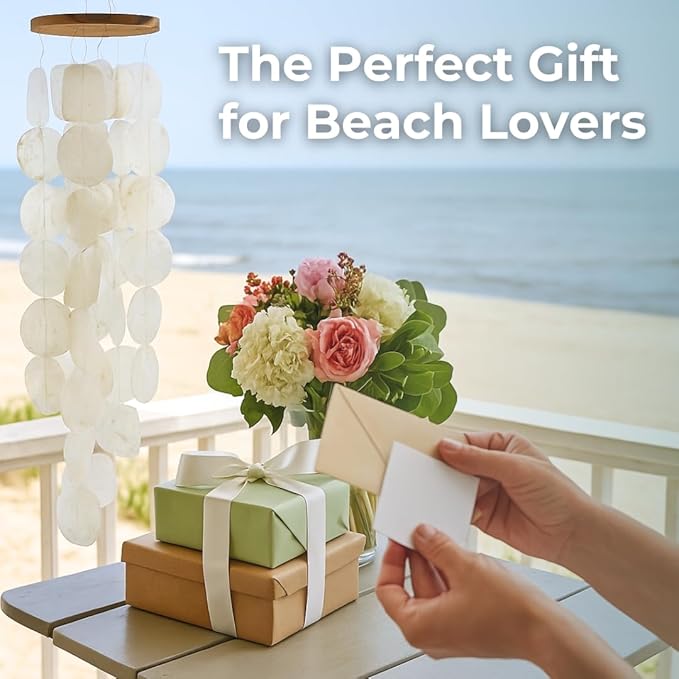 Solange & Frances Beach Decor Wind Chimes for Outside, Sea Glass Windchimes, Outdoor Coastal Beach Themed Gift for Mom, Gifts for A Beach Lover, Beach Home Decor, Sea Shell Chimes