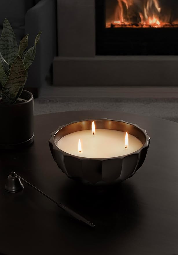 Kate and Laurel Plete Round Pleated Metal Candle Bowl, 8 Inch Diameter, Black Nickel, Modern Scalloped Three-Wick Unscented Candle with Decorative Bowl for Living Room Decor
