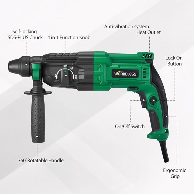 1 Inch SDS-Plus Rotary Hammer Drill, 8Amp, 3.0J 4 Functions Variable Speed Hammer Drill with Safety Clutch for Concrete Demolition Chipping,3 Drill Bits, 2 Chisels, 1 Adapter