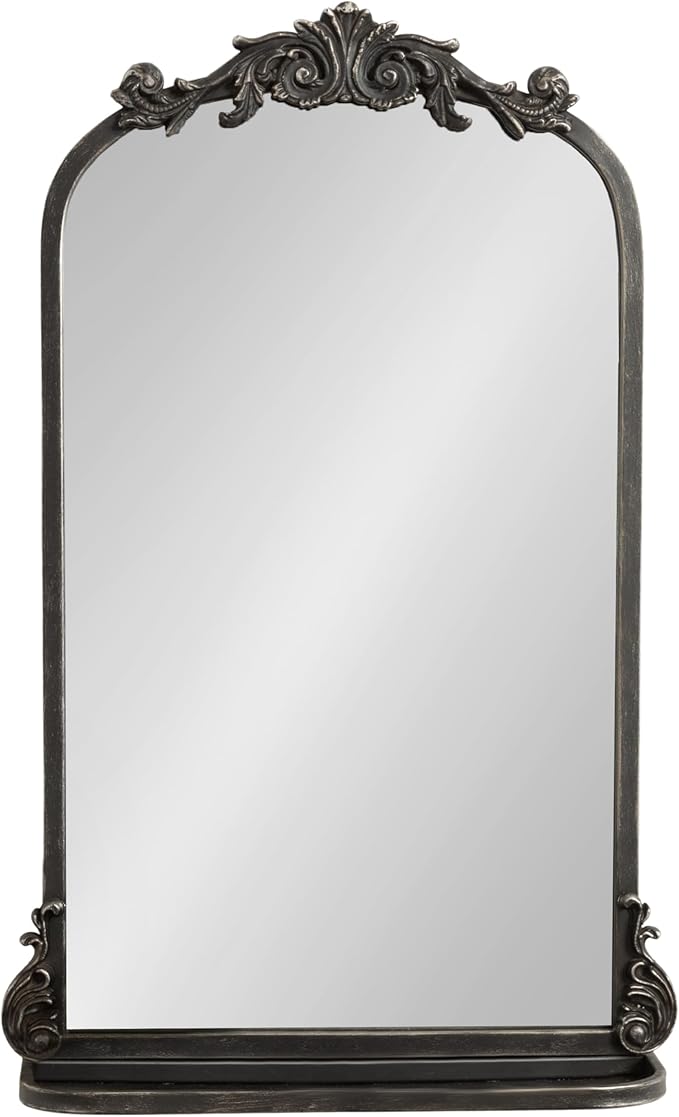 Kate and Laurel Arendahl Traditional Vintage Arch Mirror with Shelf; 16 x 25; Black; Baroque Antique Arched Wall Mirror with Functional Shelf and Ornate Frame