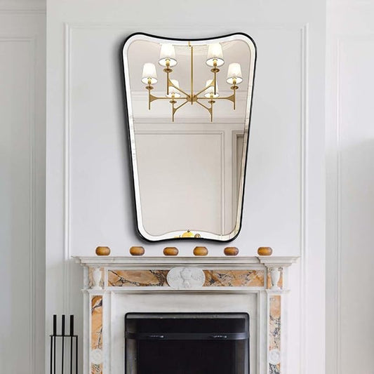 POZINO Matte Black Beveled Mirror, 24"x40" Modern Wavy Mirrors for Over Sink, Butterfly Shaped Mirrors Decorative, Irregular Rectangle Wall Mirror for Bathroom Living Room Bedroom Fireplace Entryway