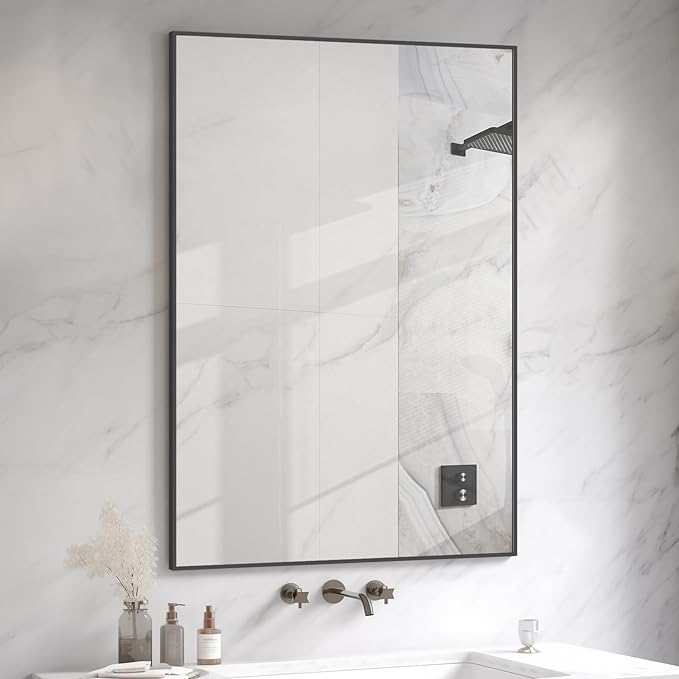 HOMECOOKIN Black Metal Mirror for Bathroom 28 x 40 Inch Black Bathroom Mirror for Over Sink, Rectangle Wall Vanity Mirror Square Corner Metal Frame Modern Farmhouse Mirror(Horizontal/Vertical)