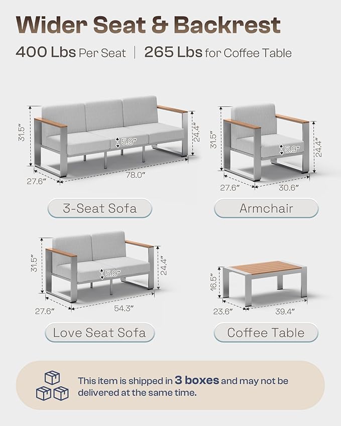 Patio Furniture Set, 5 Piece Aluminum Outdoor Furniture Set with Coffee Table, Wide Seat and Thick Cushions, Modern Outdoor Patio Conversation Sets for Deck, Porch (Teak-Gray)