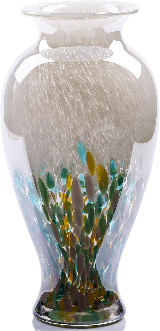 11.8" Tall Blown Green Glass Vase, Colorful Opaque Glass Vase, Unique Design Wide Mouth Art Decoration for Home, Living Room, Dining Table, Pampas Grass Decor (Green)