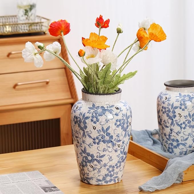 Denique Vintage Blue and White Porcelain Vase Ceramic Vase for Home Decor, Retro Crack Blue Flower Vase Pottery Vase Chinoiserie Decor Rustic (6.3x9.8inch)