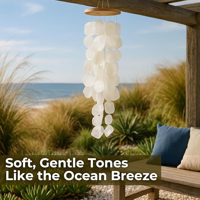 Solange & Frances Beach Decor Wind Chimes for Outside, Sea Glass Windchimes, Outdoor Coastal Beach Themed Gift for Mom, Gifts for A Beach Lover, Beach Home Decor, Sea Shell Chimes