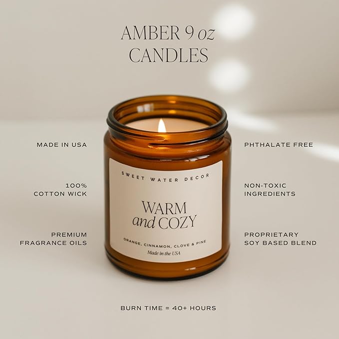 Sweet Water Decor Cashmere and Vanilla Soy Candle - Milky Coconut, Frangipani, and Soft Cashmere Scented Candles for Home - 9oz Amber Jar + Black Lid, 40+ Hour Burn Time, Made in The USA