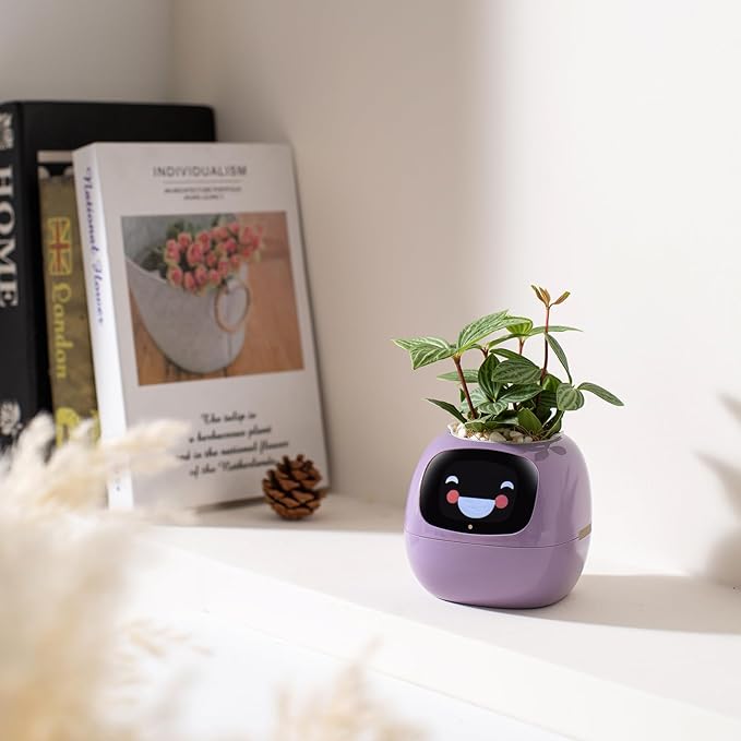 Smart pet Planter Robot Guidance on Plant Care with Emojis, Adorable Plant Companion with Rich Gesture Interaction, Neat Desk Setup Gift (Purple)