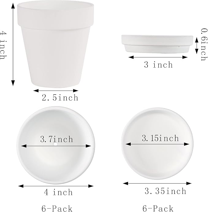 Fcacti 4 Inches Small White Terracotta Pots with Saucer, 6 Pack 4" Terra Cotta Planter with Drainage Holes, Small Clay Flower Pots for Plants, Succulents, Crafts, Wedding Favor